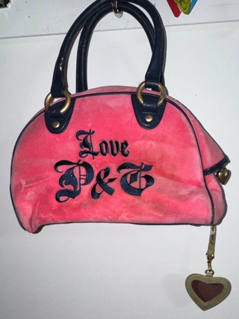 VINTAGE Juicy Couture Pink and Black Dome Satchel with Heart Charm purse